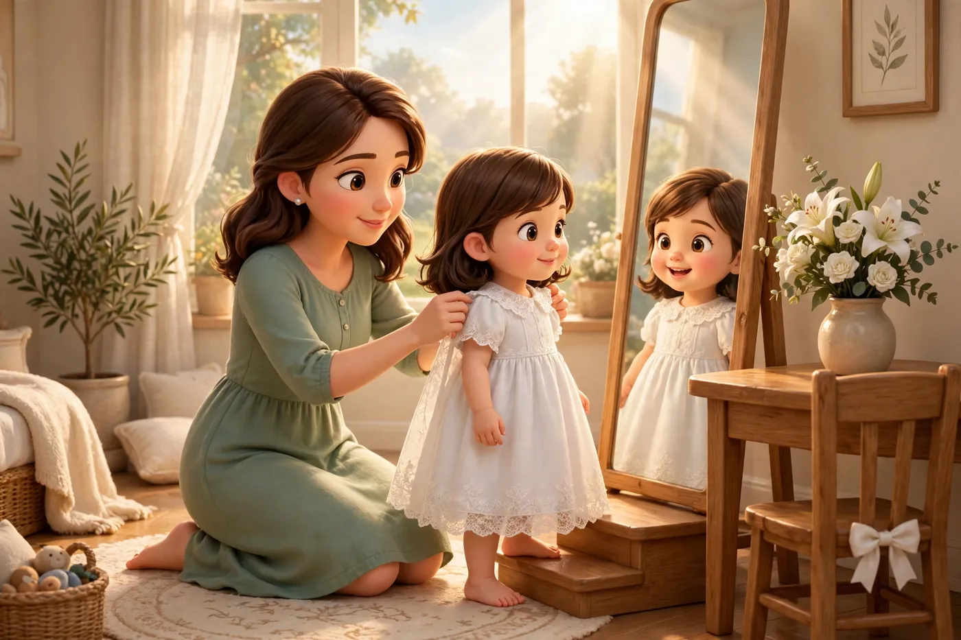 On the morning of the baptism, a mum helps her daughter into her white dress in front of the mirror