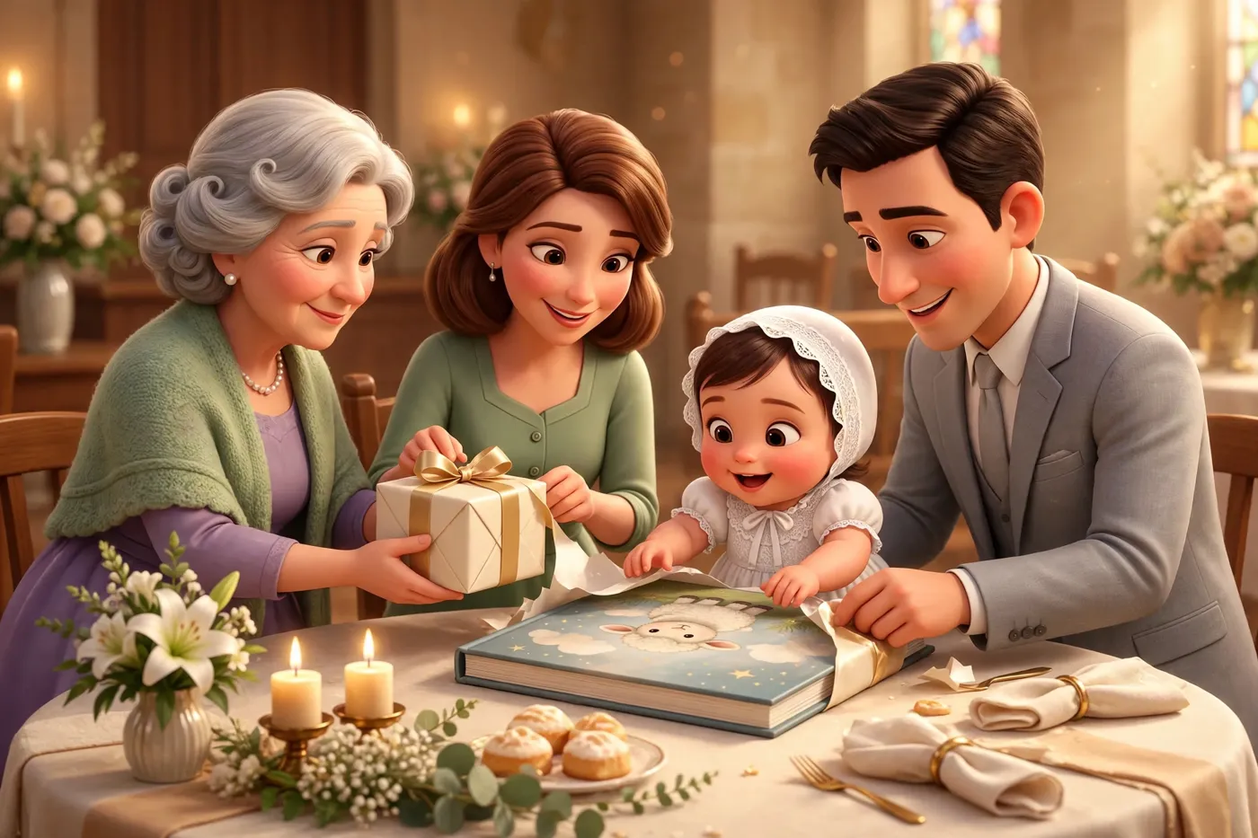 At the party, the godmother hands over the book wrapped in ivory paper; the baby reaches out for it