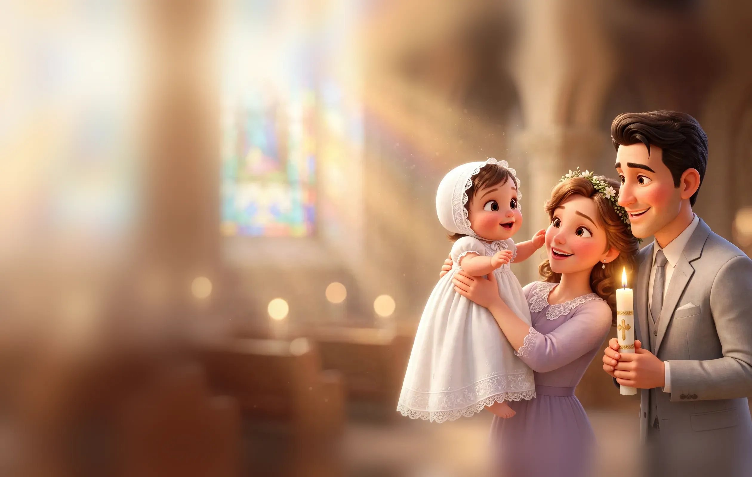In a light-filled church, the godmother lifts the baby in a baptism gown, the godfather holds the lit candle, the family smiles