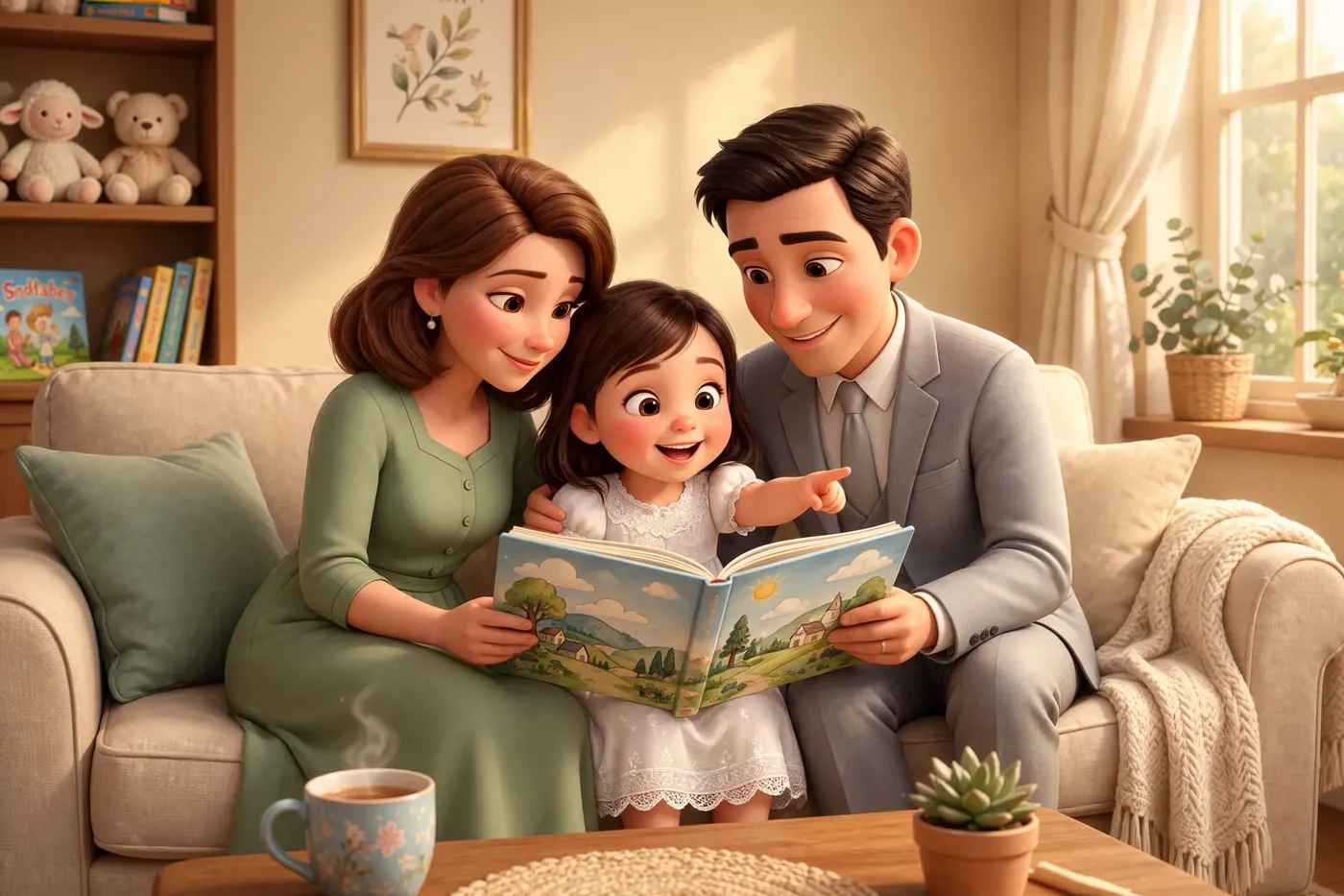 A godfather and godmother read the book with their godchild on the sofa
