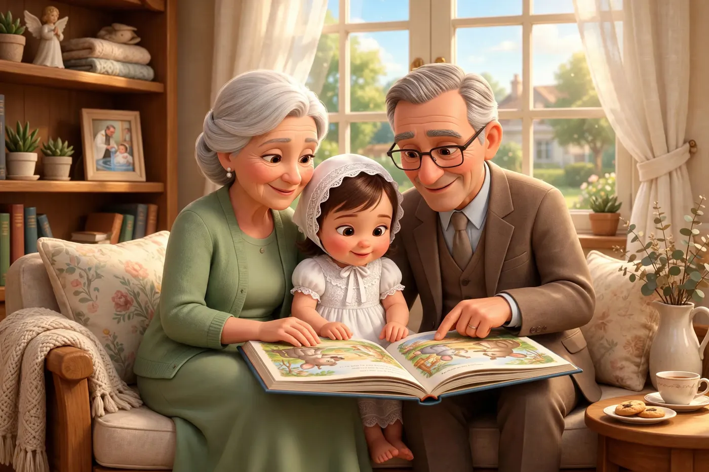 Grandparents reading the book to their granddaughter, sitting on her grandmother's lap