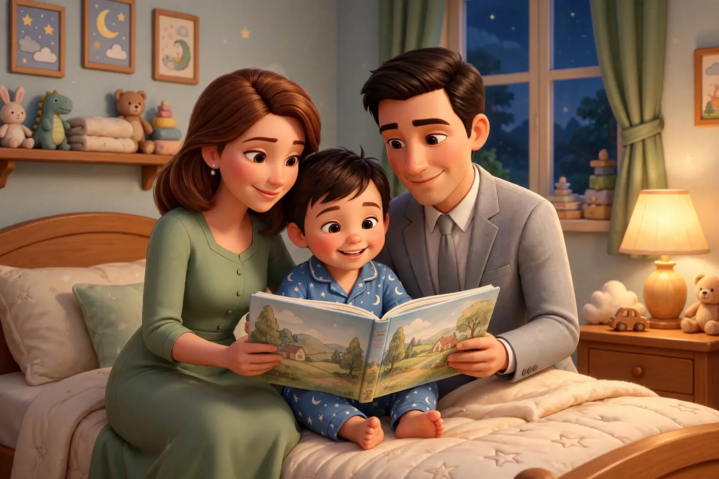Parents reading the book to their son at bedtime
