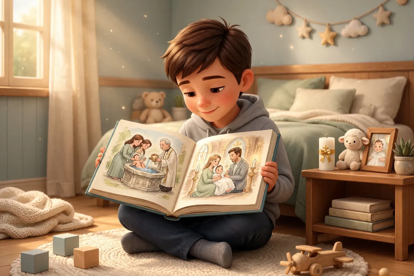 Years later, a boy reads his christening book in his room, his candle on the shelf