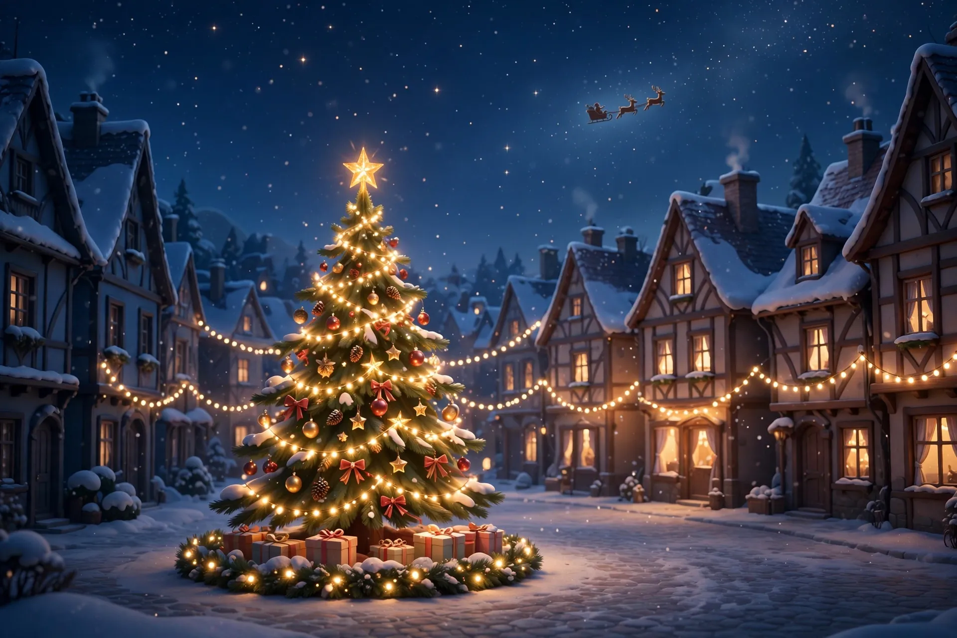 A praça de uma aldeia nevada à noite, uma grande árvore iluminada no meio das casas e o trenó do Pai Natal no céu