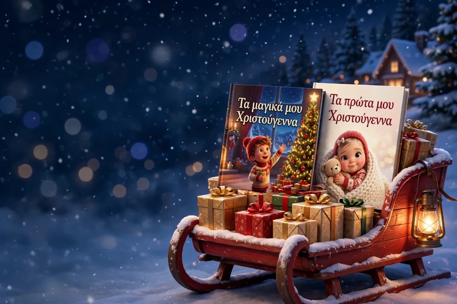 Ένα κόκκινο έλκηθρο γεμάτο δώρα, με τα δύο χριστουγεννιάτικα βιβλία από πάνω, στο χιόνι μπροστά σε ένα φωτισμένο σαλέ
