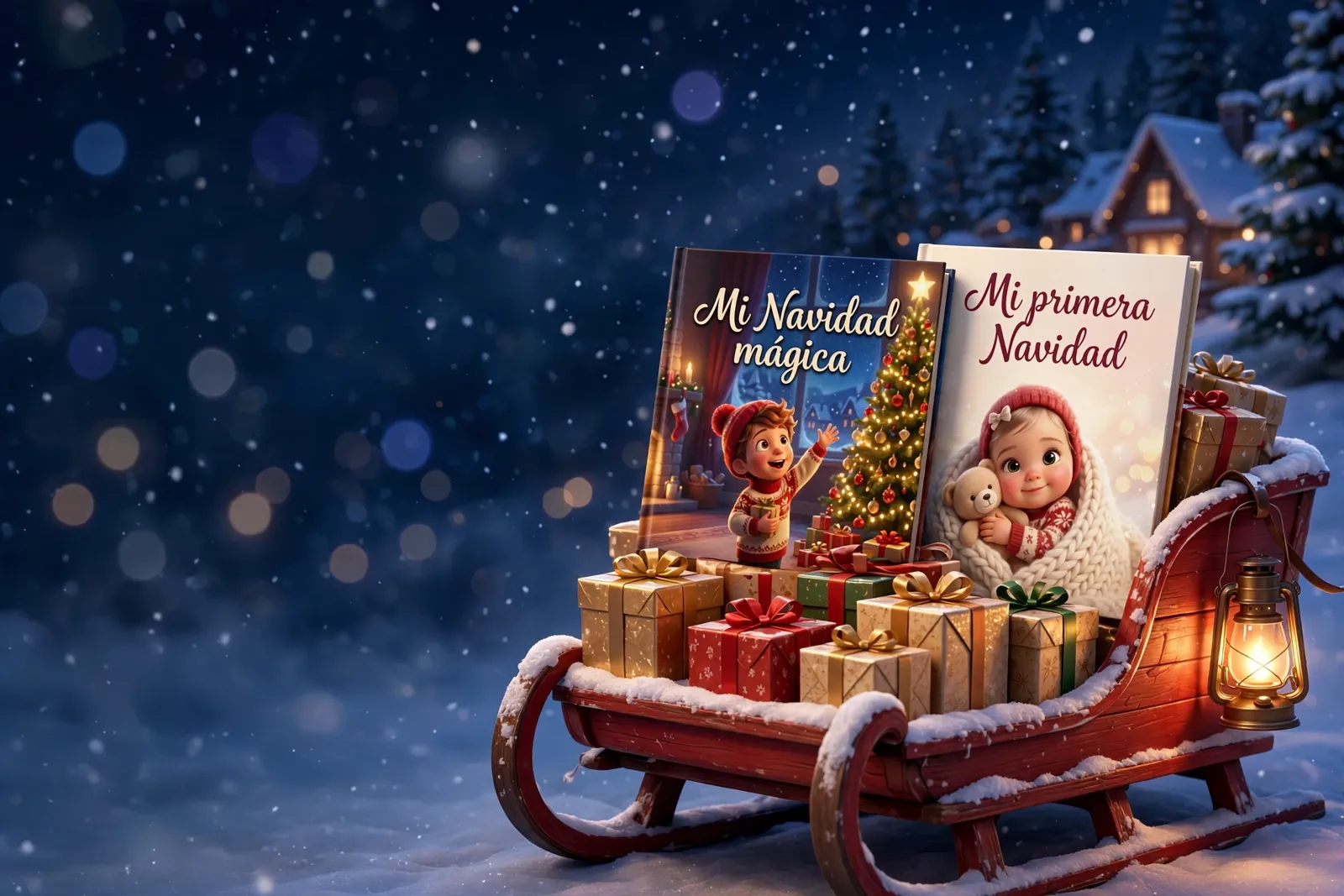 Un trineo rojo lleno de regalos, con los dos libros de Navidad encima, en la nieve frente a un chalet iluminado