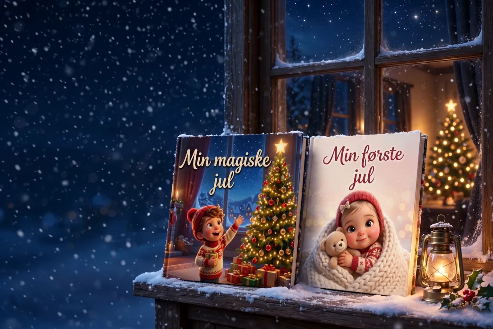 Bøgerne »Min magiske jul« og »Min første jul« på et snedækket vindueskarm, med en tændt lanterne og julemandens kane på himlen