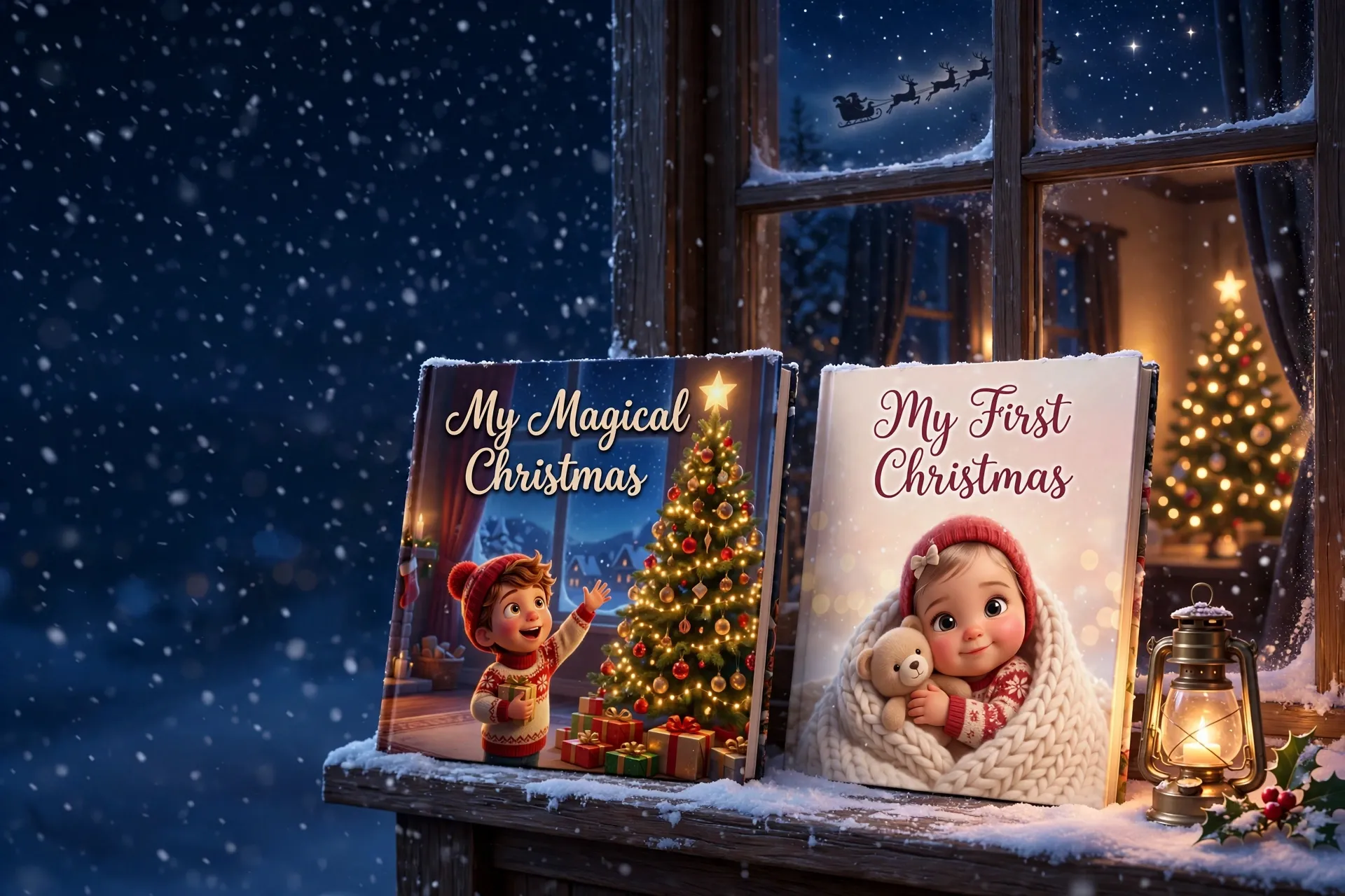 The books "My Magical Christmas" and "My First Christmas" resting on a snowy windowsill, a glowing lantern and Santa's sleigh in the sky