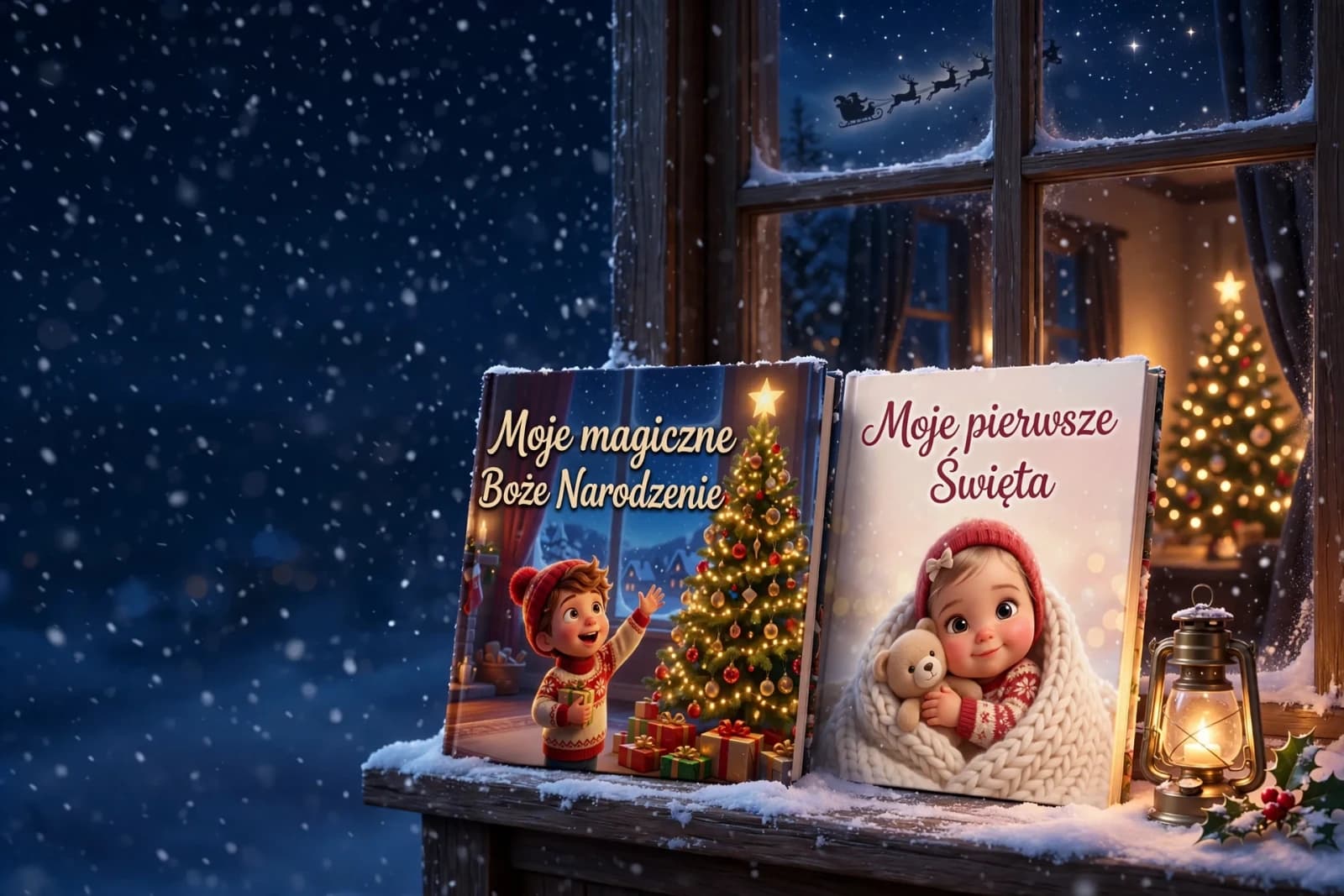 Książki „Moje magiczne Boże Narodzenie” i „Moje pierwsze Święta” leżące na oszronionym parapecie, obok zapalona latarnia i sanie Świętego Mikołaja na niebie