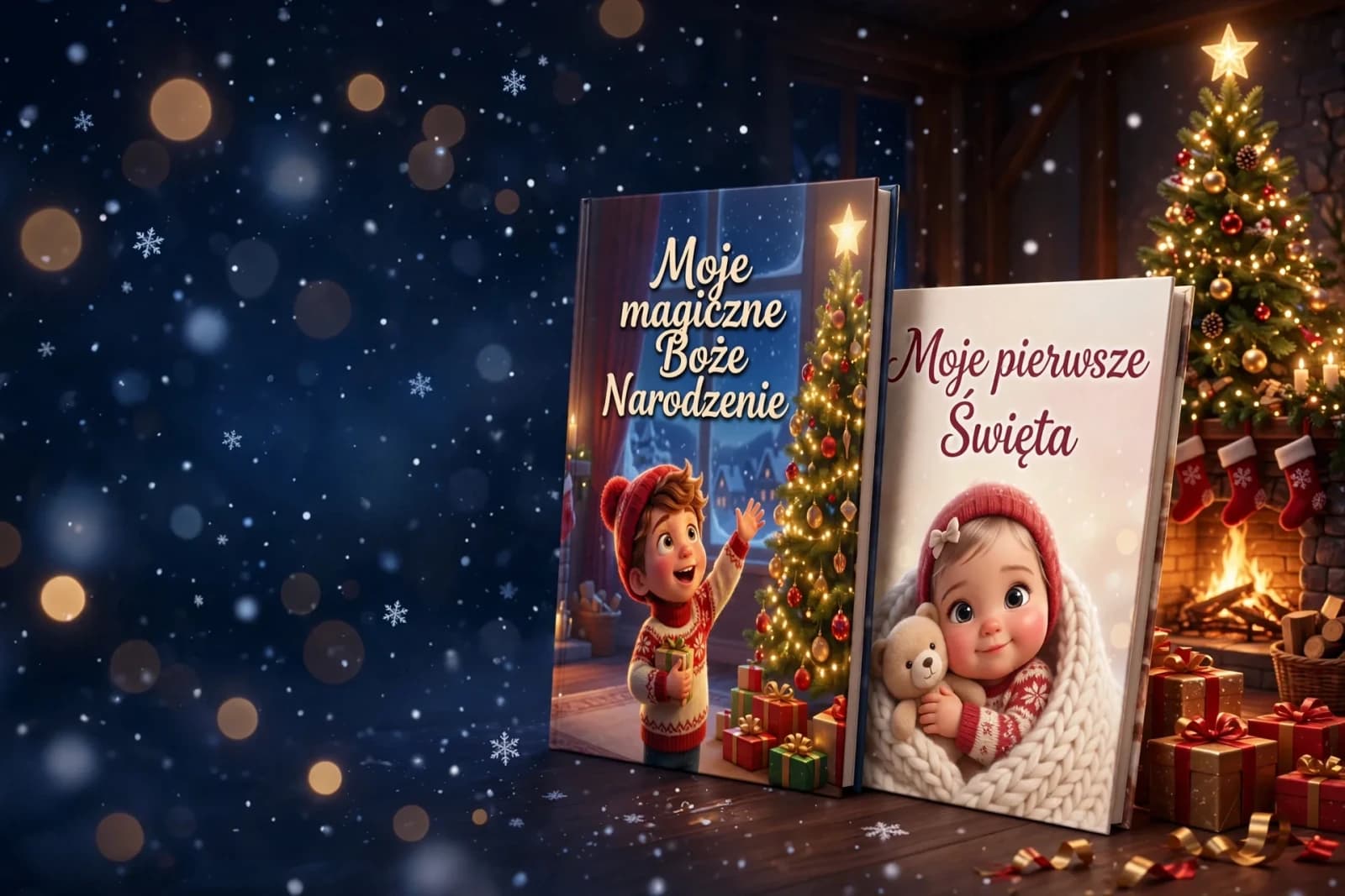 Dwie świąteczne książki leżące u stóp choinki, wśród prezentów