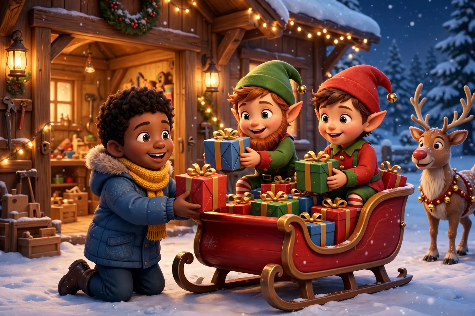 Un niño ayuda a dos duendes a cargar los regalos en el trineo de Papá Noel
