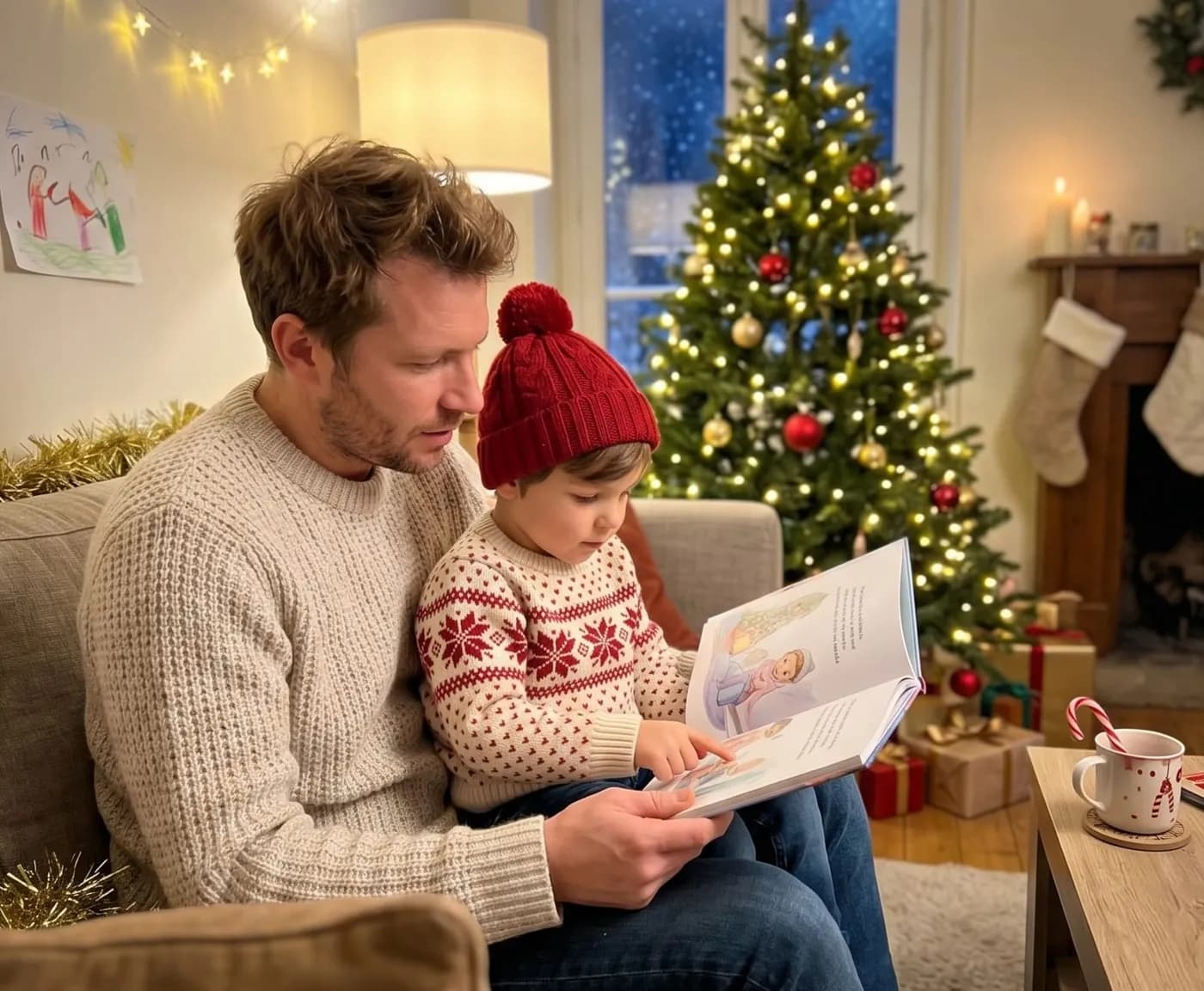En far læser julebogen højt for sin søn med rød nissehue, tæt sammenkrøbet i sofaen ved det oplyste juletræ