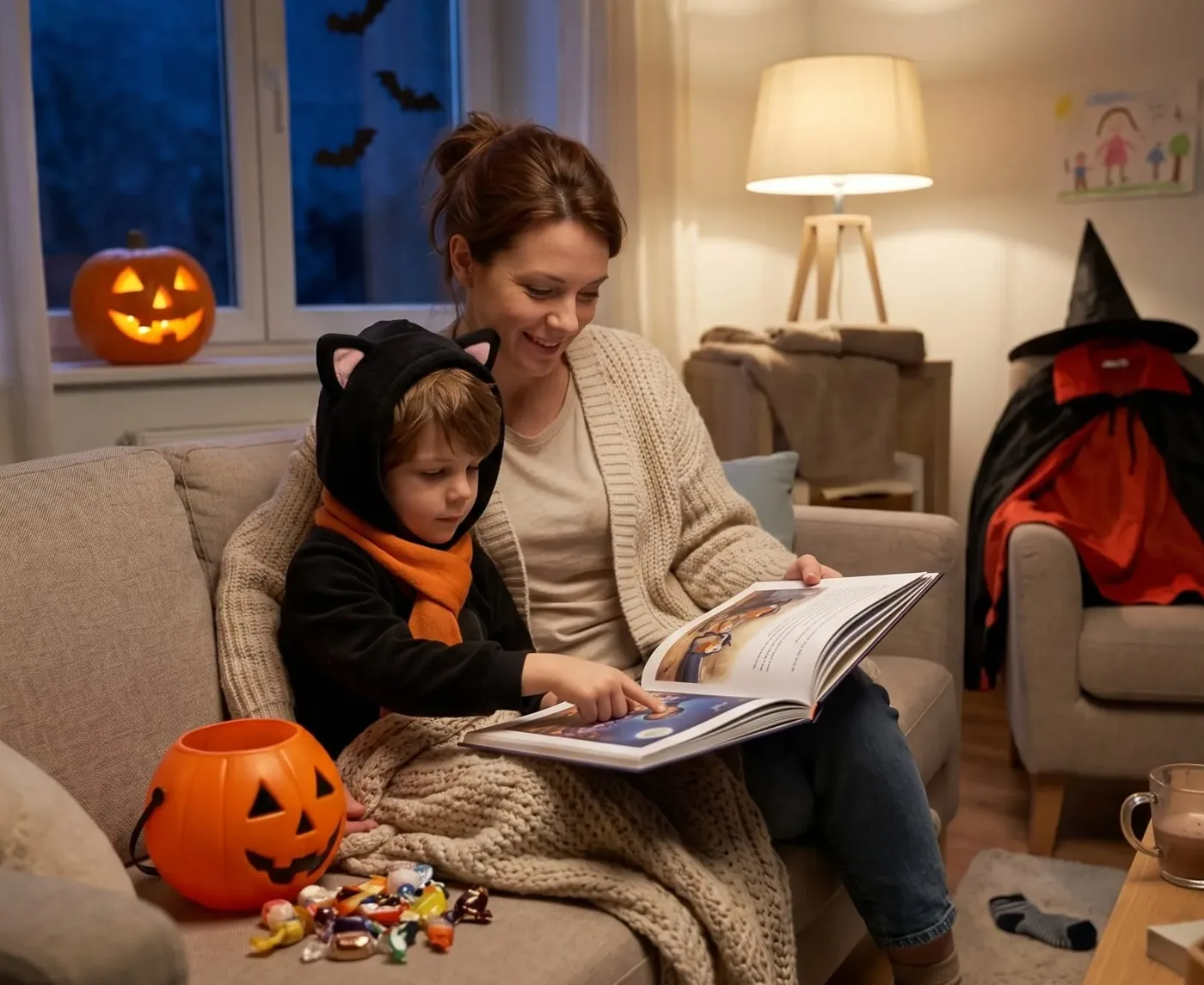 Eine Mutter liest mit ihrem als Katze verkleideten Sohn das Halloween-Buch, gemütlich auf dem Sofa, daneben ein Kürbiskorb