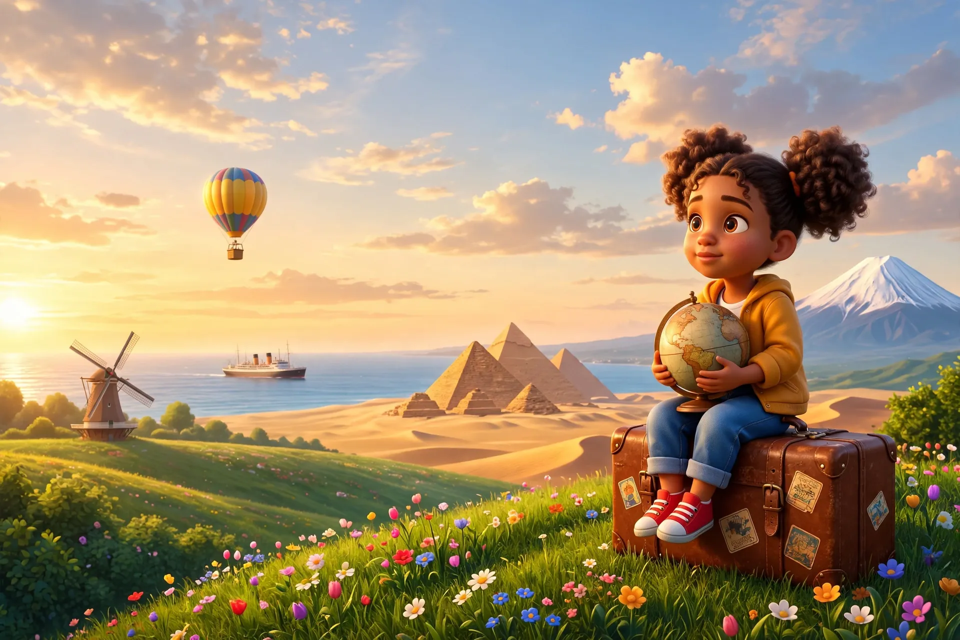 Una bambina seduta su una valigia, con un globo sulle ginocchia, davanti a un mulino, alle piramidi e al monte Fuji
